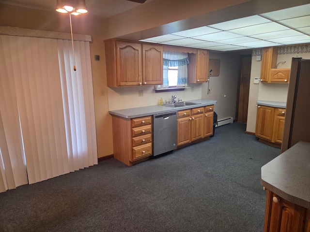 7376 Mink St SW, Pataskala, OH 43062 - kitchen featuring stainless steel appliances, baseboard heating, dark carpet, and brown cabinetry