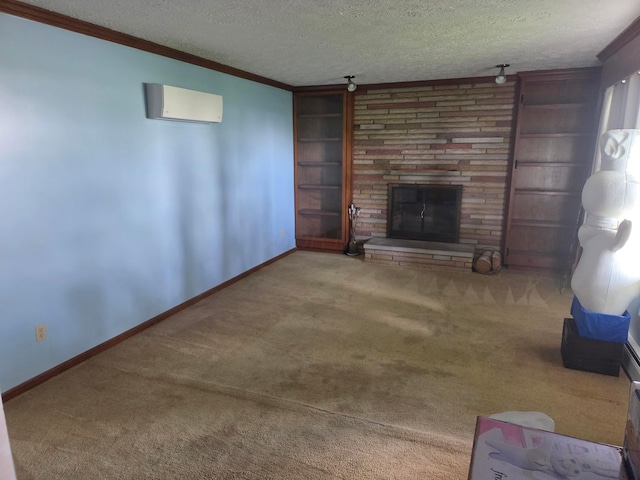 7376 Mink St SW, Pataskala, OH 43062 - unfurnished living room with a fireplace, carpet, a textured ceiling, crown molding, and a wall mounted air conditioner