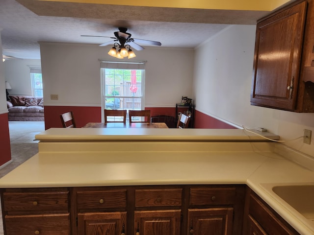 450 Williamsburg Ln Unit A, Lancaster, OH 43130 - kitchen with plenty of natural light, a ceiling fan, light countertops, a textured ceiling, and dark brown cabinetry