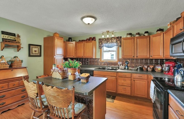 12232 Cleo Rd, Orient, OH 43146 - kitchen featuring black appliances, dark countertops, tasteful backsplash, light wood-style floors, and a textured ceiling