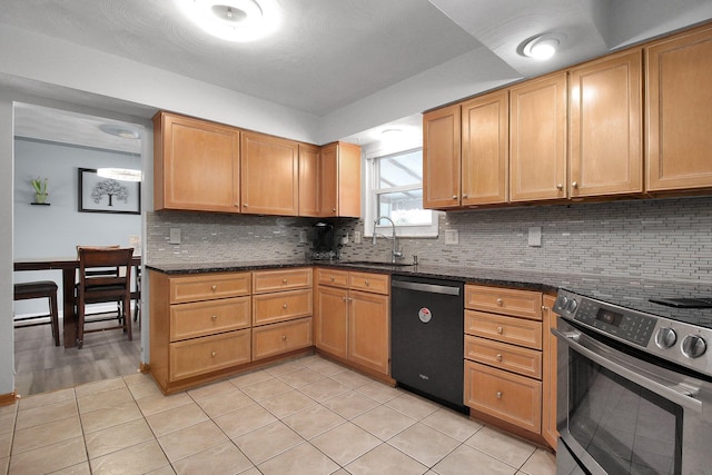 6146 Catawba Dr, Grove City, OH 43123 - kitchen featuring dishwashing machine, stainless steel electric range, decorative backsplash, light tile patterned flooring, and dark stone counters