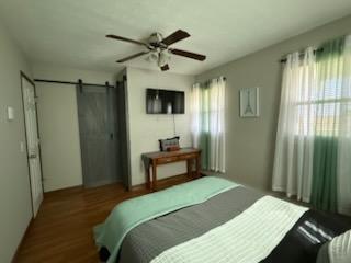 521 Kenton Galion Rd E, Marion, OH 43302 - bedroom with a barn door, wood finished floors, and ceiling fan