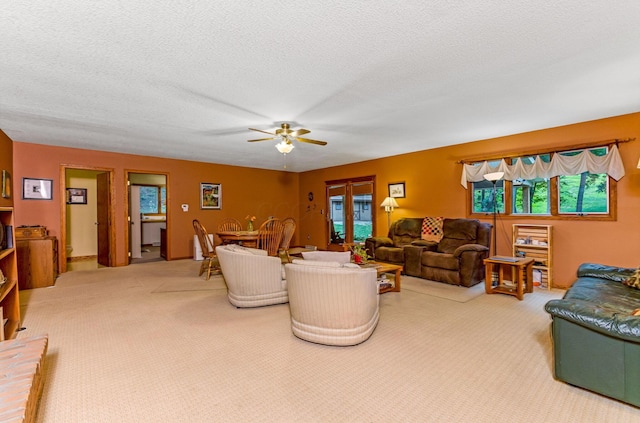 976 Hillside Dr, Newark, OH 43055 - living room with carpet flooring, a ceiling fan, and a textured ceiling