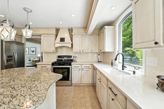 371 Ashworth Ct, Dublin, OH 43017 - kitchen with appliances with stainless steel finishes, custom exhaust hood, decorative backsplash, light stone countertops, and recessed lighting