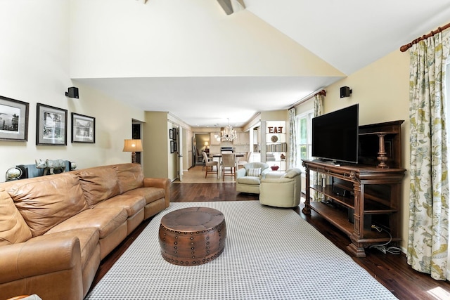 371 Ashworth Ct, Dublin, OH 43017 - living room featuring a chandelier, dark wood-style floors, and high vaulted ceiling