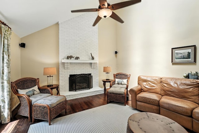371 Ashworth Ct, Dublin, OH 43017 - living area featuring lofted ceiling, wood finished floors, ceiling fan, and a fireplace
