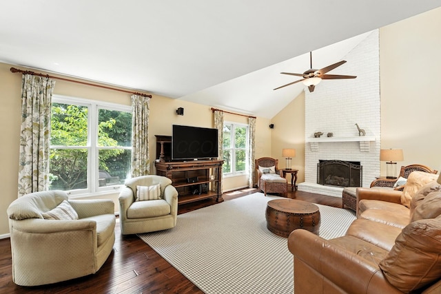 371 Ashworth Ct, Dublin, OH 43017 - living room with a brick fireplace, dark wood-style flooring, a ceiling fan, and lofted ceiling