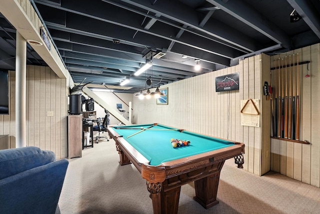 371 Ashworth Ct, Dublin, OH 43017 - recreation room featuring carpet flooring, billiards table, and wood walls