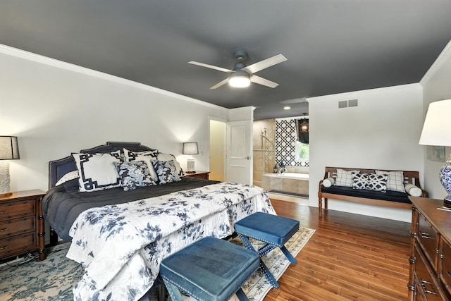 371 Ashworth Ct, Dublin, OH 43017 - bedroom with ornamental molding, hardwood / wood-style floors, ensuite bath, and ceiling fan