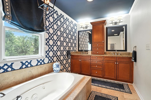 371 Ashworth Ct, Dublin, OH 43017 - bathroom featuring double vanity, a whirlpool tub, and tile patterned floors