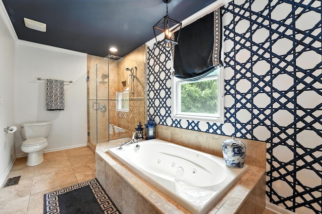 371 Ashworth Ct, Dublin, OH 43017 - full bathroom with a stall shower, a tub with jets, crown molding, and tile patterned floors