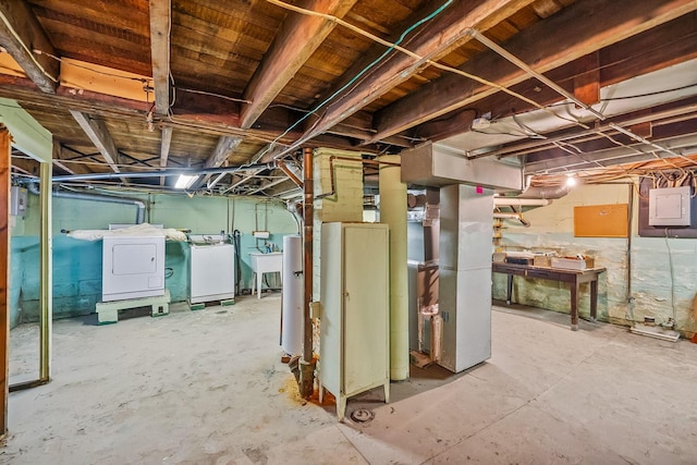 126 Dix Ave, Marion, OH 43302 - unfinished below grade area with washing machine and clothes dryer, heating unit, water heater, and electric panel