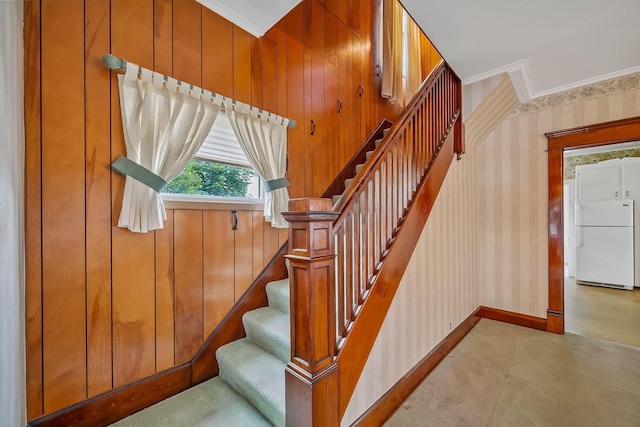 126 Dix Ave, Marion, OH 43302 - stairway with wallpapered walls, ornamental molding, and carpet flooring
