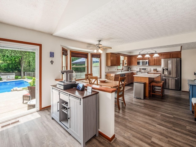 238 Key Blvd, Pataskala, OH 43062 - kitchen with appliances with stainless steel finishes, a center island, dark wood-type flooring, a textured ceiling, and plenty of natural light