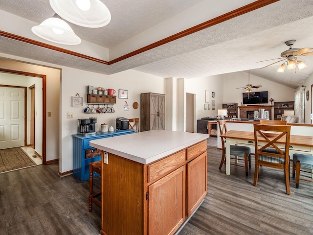 238 Key Blvd, Pataskala, OH 43062 - kitchen featuring dark wood-style flooring, ceiling fan, open floor plan, a kitchen island, and light countertops