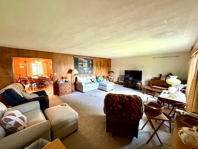 403 N Columbus St, Somerset, OH 43783 - living room with carpet, wooden walls, and a textured ceiling