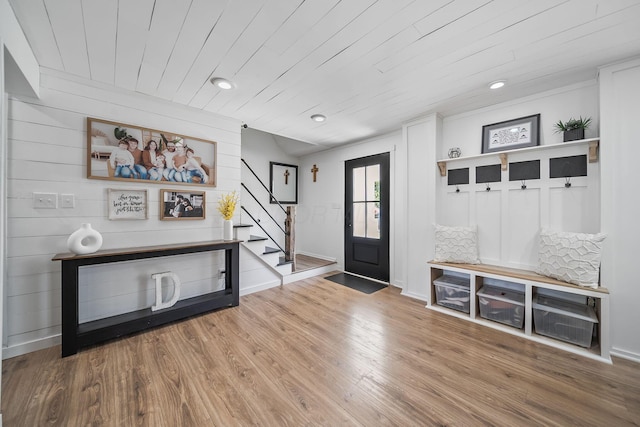 620 Fleetrun Ave, Columbus, OH 43230 - entryway featuring stairs, wood finished floors, wood ceiling, and recessed lighting