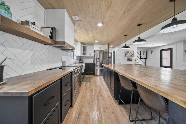 620 Fleetrun Ave, Columbus, OH 43230 - kitchen featuring butcher block countertops, open shelves, appliances with stainless steel finishes, wooden ceiling, and dark cabinets