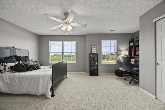 5466 Bull Creek Dr Unit 101, Dublin, OH 43016 - carpeted bedroom with a desk, multiple windows, a ceiling fan, and a textured ceiling
