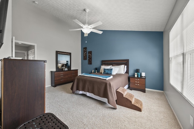 5466 Bull Creek Dr Unit 101, Dublin, OH 43016 - bedroom with a textured ceiling, carpet, high vaulted ceiling, and a ceiling fan