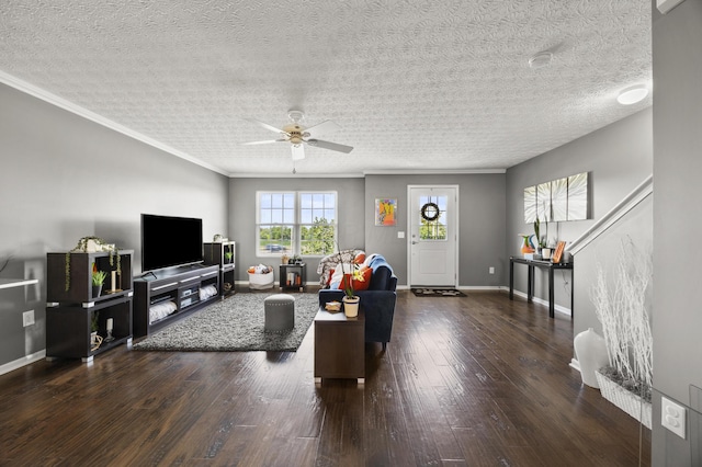 5466 Bull Creek Dr Unit 101, Dublin, OH 43016 - living room featuring a ceiling fan, dark wood finished floors, crown molding, and a textured ceiling