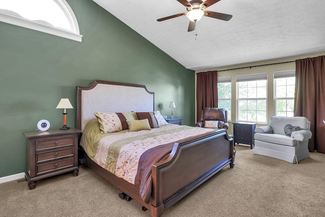 8512 Squad Dr, Galloway, OH 43119 - bedroom featuring light carpet, multiple windows, high vaulted ceiling, and ceiling fan