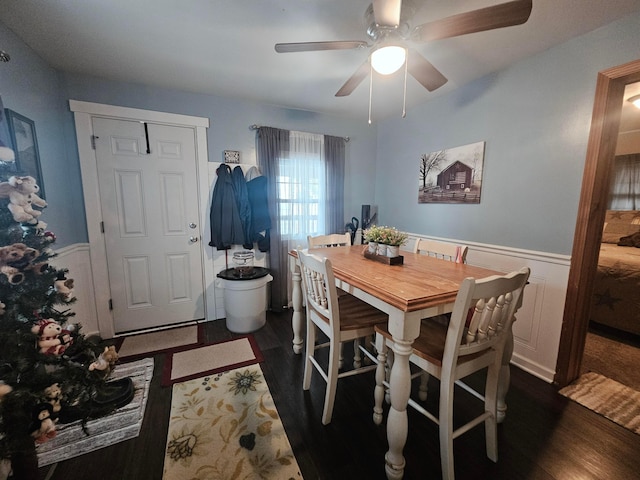 112 N George St, Lancaster, OH 43130 - dining area with a wainscoted wall, dark wood finished floors, and a ceiling fan