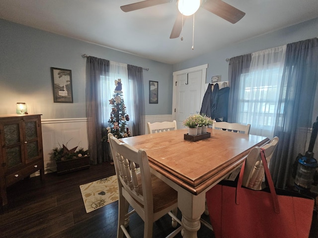 112 N George St, Lancaster, OH 43130 - dining space with plenty of natural light, dark wood-style flooring, a wainscoted wall, and a ceiling fan
