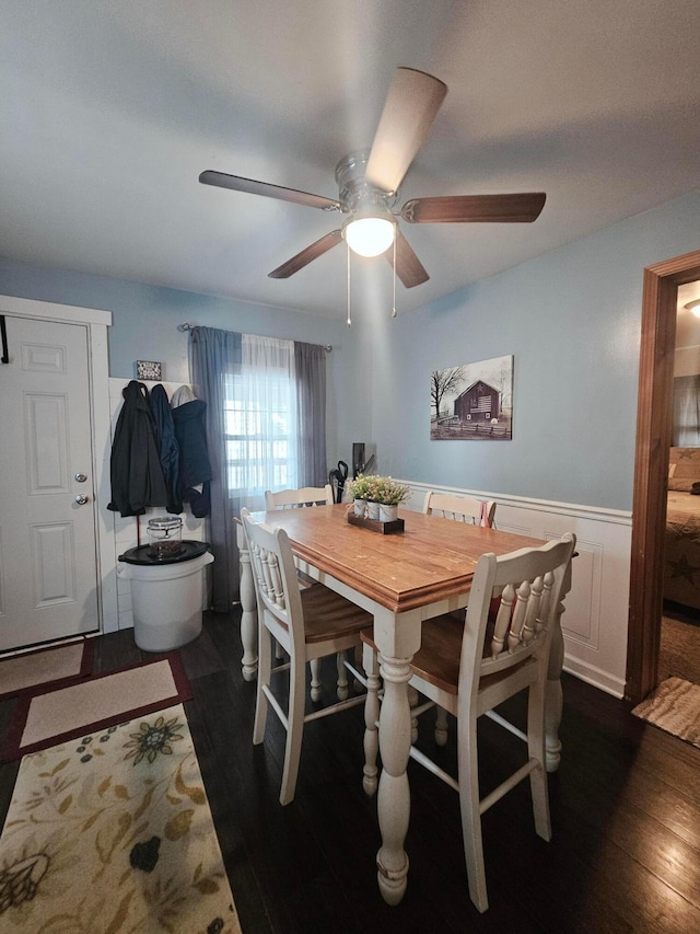 112 N George St, Lancaster, OH 43130 - dining space with dark wood-style floors, wainscoting, and ceiling fan