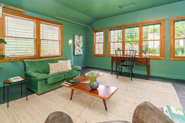 1010 Vernon Rd, Columbus, OH 43209 - living room featuring vaulted ceiling and carpet