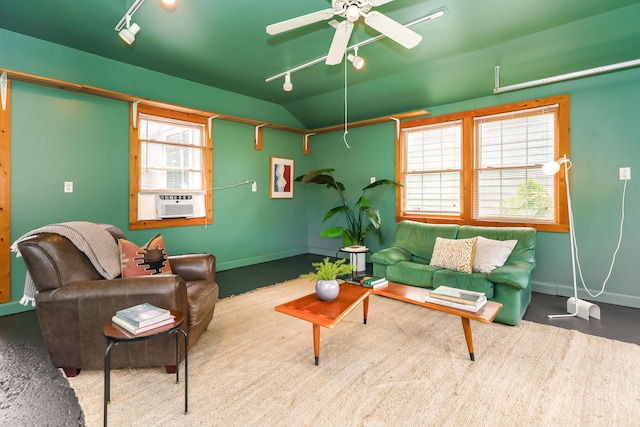 1010 Vernon Rd, Columbus, OH 43209 - living area with track lighting, ceiling fan, and lofted ceiling