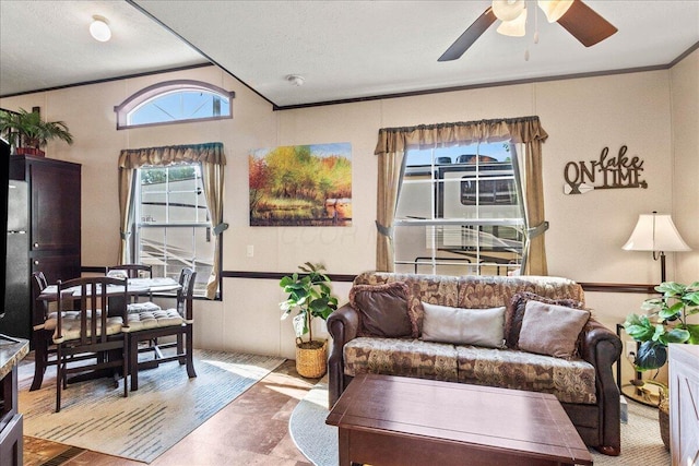 10950 Cherokee Dr Unit 59, Lakeview, OH 43331 - living area featuring crown molding and a ceiling fan