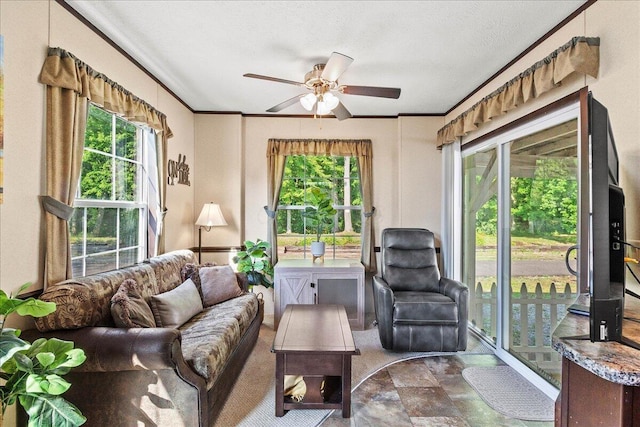 10950 Cherokee Dr Unit 59, Lakeview, OH 43331 - living room featuring a ceiling fan, healthy amount of natural light, crown molding, and stone finish floors
