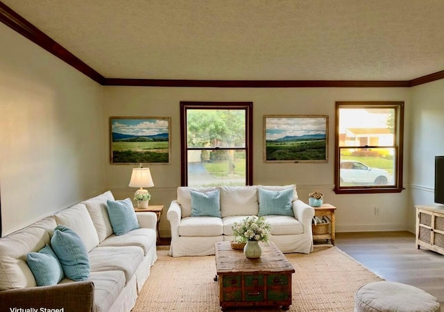 5078 Grassland Dr, Dublin, OH 43016 - living room featuring light wood-style floors, ornamental molding, and a textured ceiling