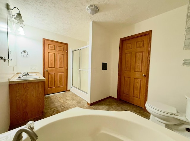 13944 Lafayette Rd, Utica, OH 43080 - bathroom featuring a shower stall, vanity, a tub, a textured ceiling, and tile patterned floors