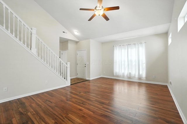 5804 Trail Creek Dr, Dublin, OH 43016 - unfurnished living room with stairway, ceiling fan, wood finished floors, and high vaulted ceiling