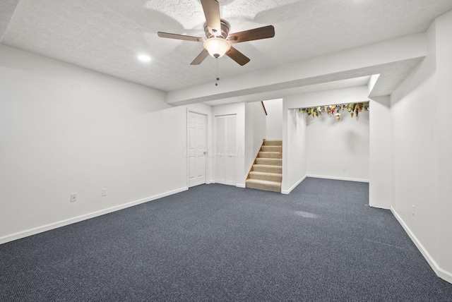 1280 Gemstone Sq W, Westerville, OH 43081 - finished basement featuring stairs, a textured ceiling, dark carpet, a ceiling fan, and recessed lighting