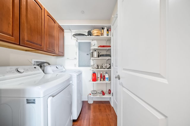 1475 W 3rd Ave Unit 401, Columbus, OH 43212 - laundry area featuring cabinet space, separate washer and dryer, dark wood-style floors, and electric panel