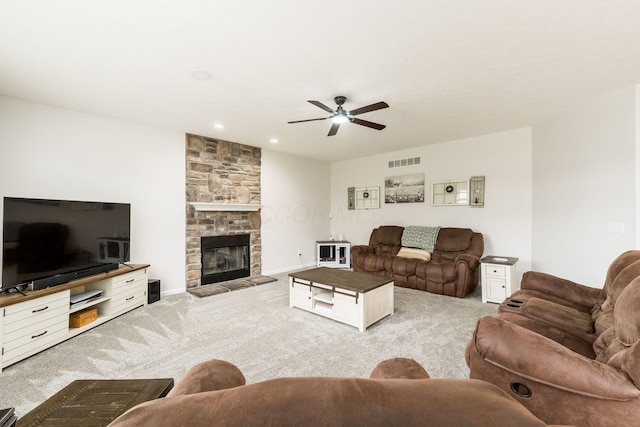 3012 Coltsbridge Dr, Lewis Center, OH 43035 - carpeted living area with ceiling fan and a fireplace