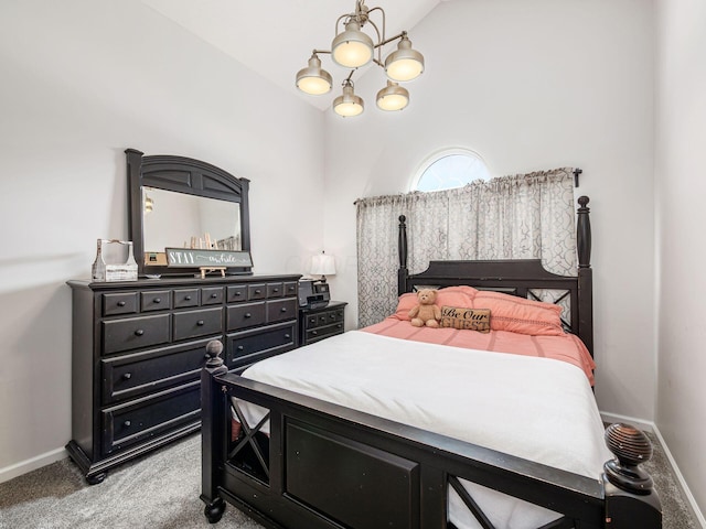 3012 Coltsbridge Dr, Lewis Center, OH 43035 - bedroom with light carpet, vaulted ceiling, and a chandelier