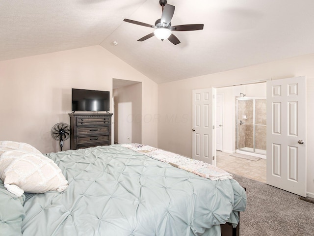 3012 Coltsbridge Dr, Lewis Center, OH 43035 - carpeted bedroom with lofted ceiling, connected bathroom, and a ceiling fan