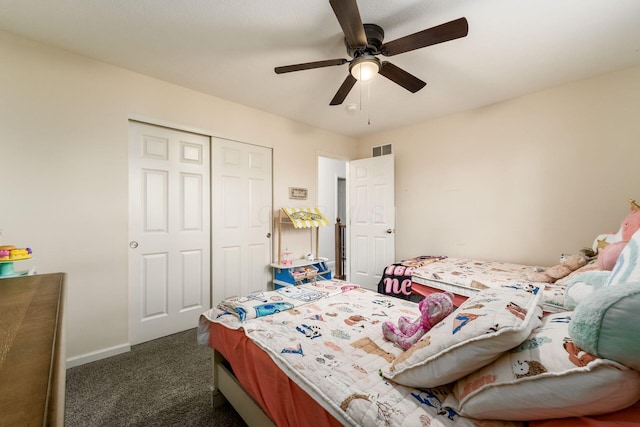 3012 Coltsbridge Dr, Lewis Center, OH 43035 - bedroom with dark colored carpet, a closet, and a ceiling fan