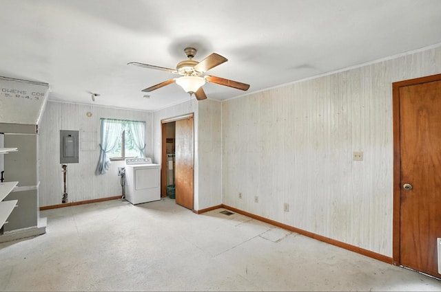 24 W High St, Jeffersonville, OH 43128 - unfurnished living room with washer / clothes dryer, ceiling fan, concrete flooring, electric panel, and ornamental molding