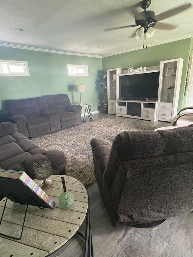 5356 Harding Hwy E, Caledonia, OH 43314 - living room featuring crown molding, ceiling fan, and wood finished floors
