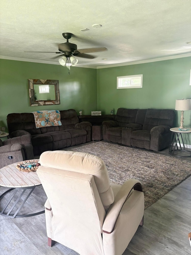 5356 Harding Hwy E, Caledonia, OH 43314 - living room featuring wood finished floors, ornamental molding, ceiling fan, and a textured ceiling