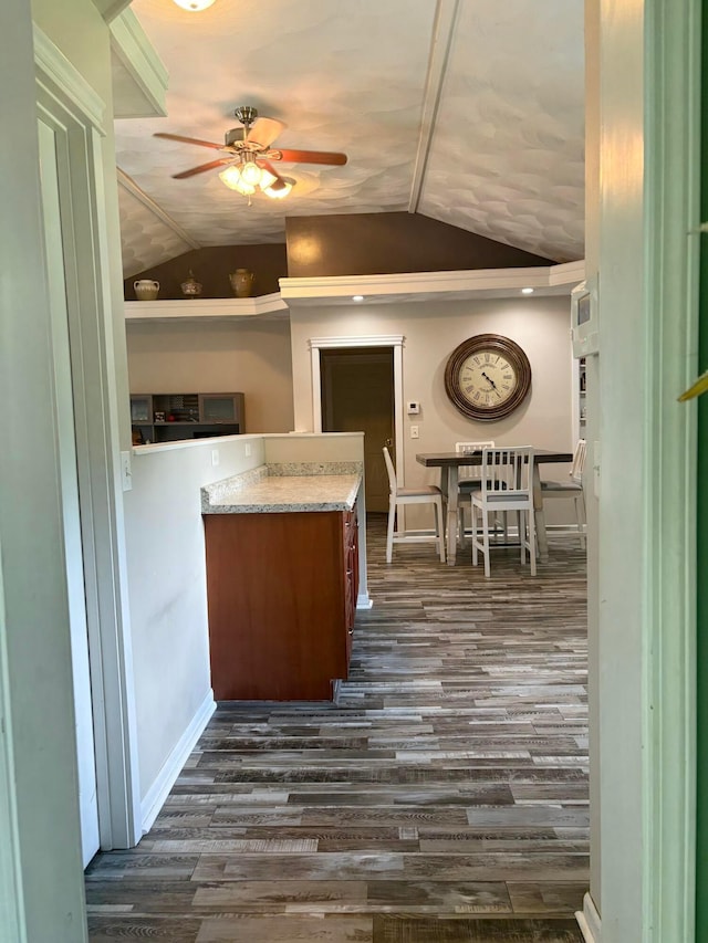 5356 Harding Hwy E, Caledonia, OH 43314 - kitchen featuring vaulted ceiling, ceiling fan, dark wood-type flooring, light stone counters, and brown cabinets