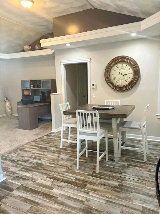 5356 Harding Hwy E, Caledonia, OH 43314 - dining area with lofted ceiling, wood finished floors, a desk, and recessed lighting