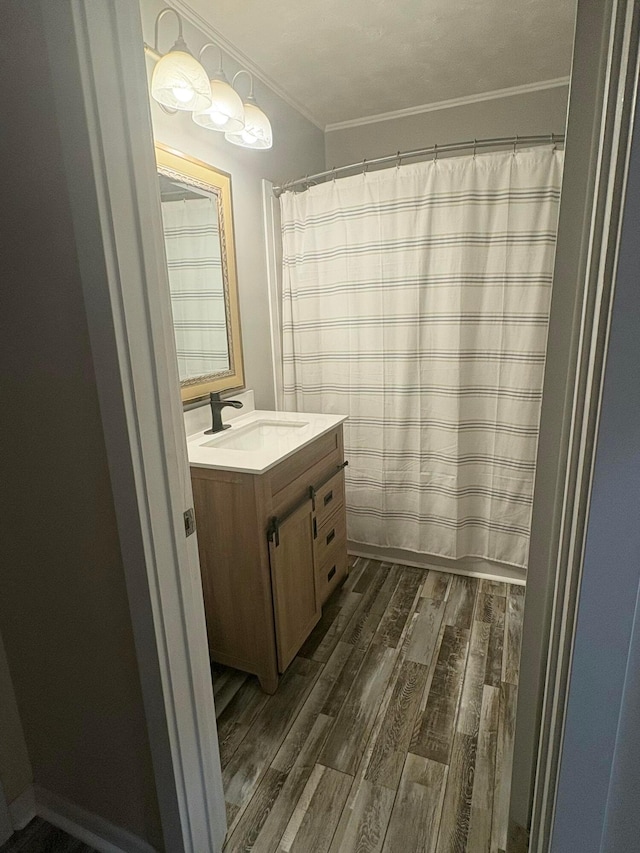 5356 Harding Hwy E, Caledonia, OH 43314 - bathroom with wood finished floors, vanity, crown molding, and a shower with shower curtain