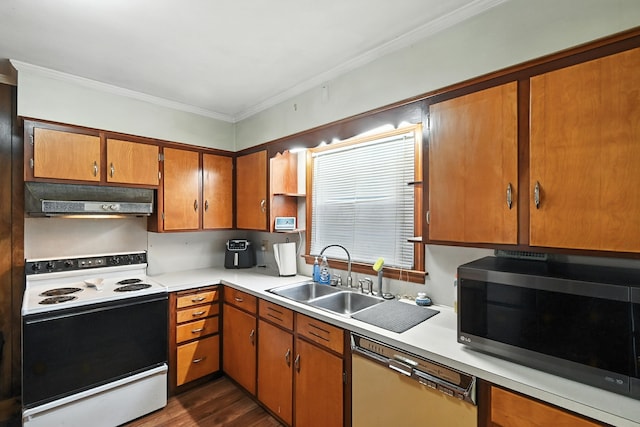 305 N Boston St, Galion, OH 44833 - kitchen featuring white range with electric cooktop, stainless steel microwave, ornamental molding, dishwashing machine, and light countertops