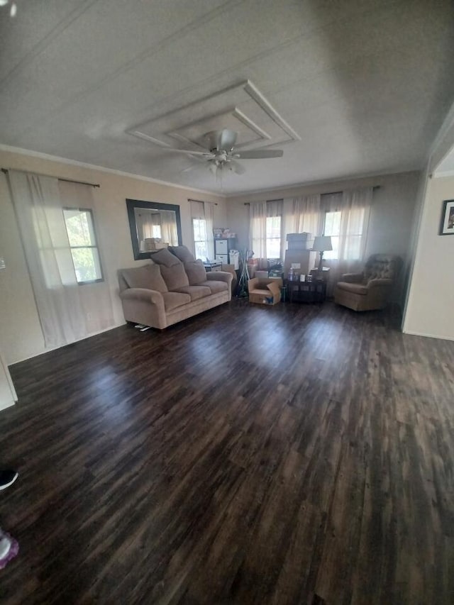 3200 Smeltzer Rd Unit 70, Marion, OH 43302 - living area with wood finished floors, ornamental molding, ceiling fan, and attic access